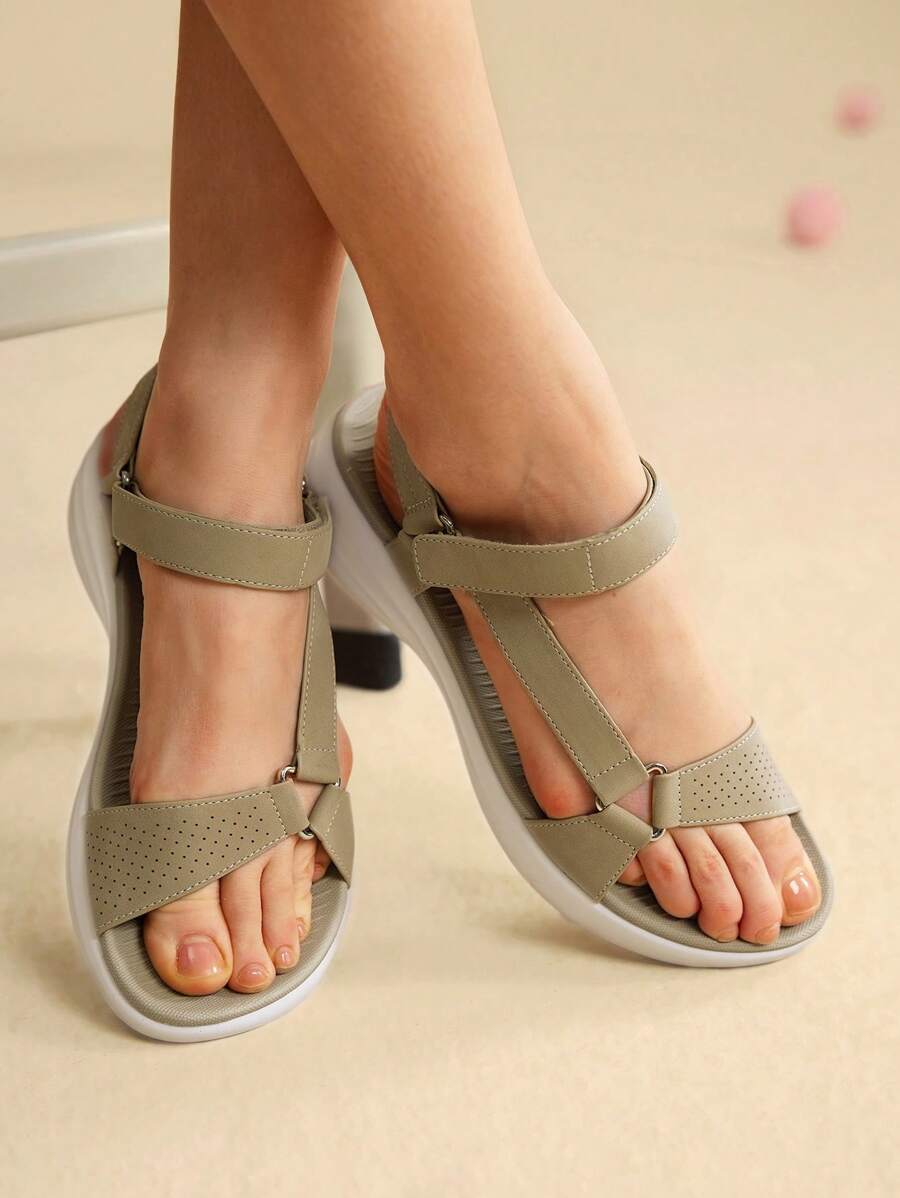 Women's Sports Sandals Round Toe Hook And Loop Thick Sole Breathable Material - Apricot - View 1