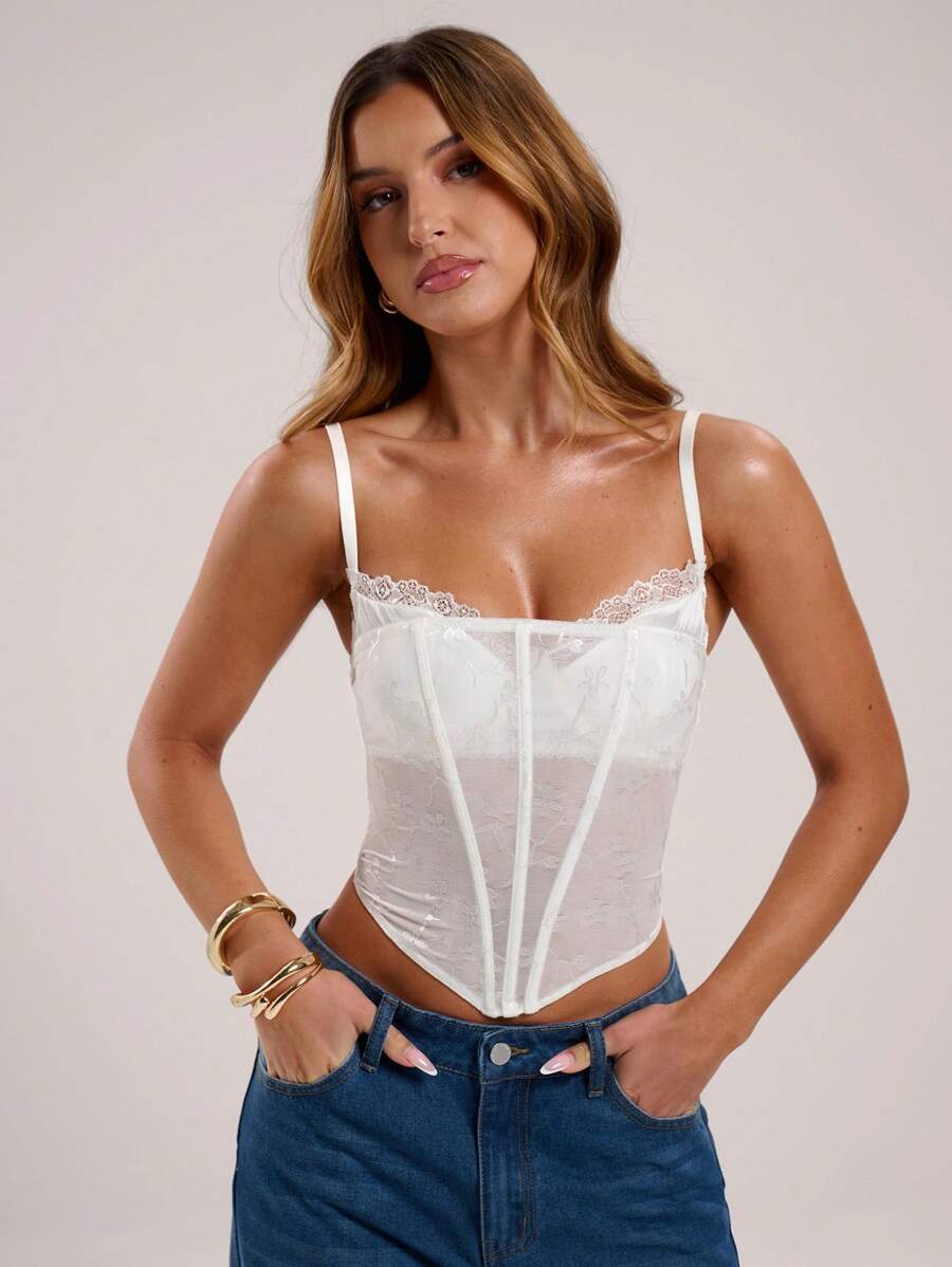 SHEIN BAE 适合所有季节、夏季和秋季的百搭内衣，性感透视白色蕾丝二合一吊带背心，适合约会之夜、闺蜜聚会、乡村音乐节、狂欢派对、返校、外出、优雅紧身胸衣、蕾丝透视紧身胸衣、性感紧身胸衣