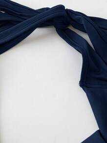 Sunspun Plus Size Women's Black Draped Neck Ruched Bodycon Fishtail Midi Knit Dress, Banquet Party Gown - Navy Blue - View 3