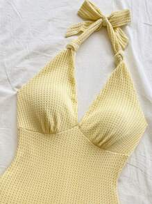 Soleia 女式黄色针织纹理网格深 V 领系带腰连体衣，适合度假、派对、情人节约会之夜、室内/室外穿着，波西米亚风格 - 黃色 - 查看 4