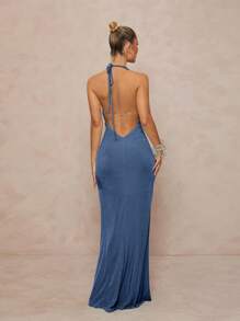 Lumalex Women's Dusty Blue Summer Elegant Party Night Halter Neck Deep Plunge Ruched Front Crystal Shell Brooch Backless Bodycon Maxi Dress For Wedding Prom - Dusty Blue - View 3