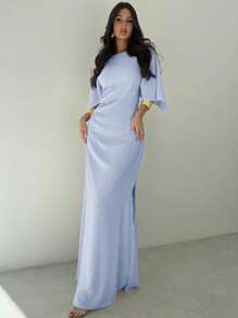 Firerie Váy dạ hội dự tiệc mùa hè màu vàng thanh lịch, váy dự tiệc trang trọng cho lễ tốt nghiệp, lễ trao giải, không tay có xếp ly ở eo, viền xẻ, dài chấm đất - Màu xanh lam - Xem 7