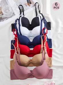 DesireSculpt 6pcs/Pack Women Casual Solid Color Detachable Shoulder Strap Soft Bow Cup Steel-Ring Support Lingerie Bra - Multicolor - View 1