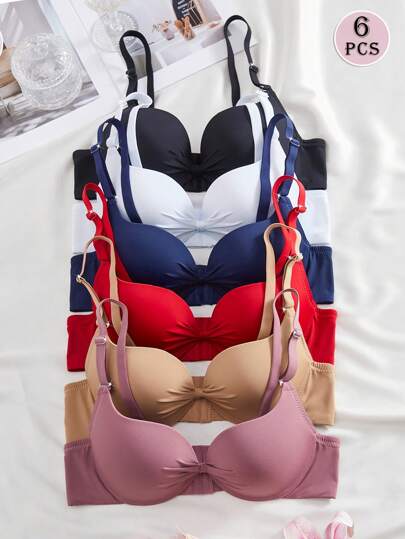 DesireSculpt 6件装女士休闲纯色可拆卸肩带柔软蝴蝶结罩杯钢圈支撑内衣文胸