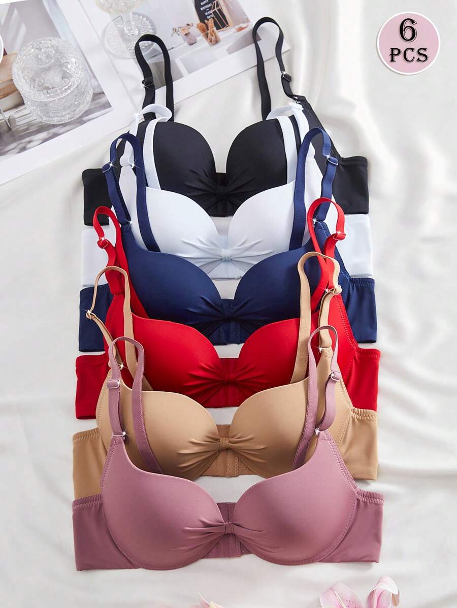 DesireSculpt 6pcs/Pack Women Casual Solid Color Detachable Shoulder Strap Soft Bow Cup Steel-Ring Support Lingerie Bra - Multicolor - View 1