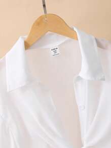 SHEIN Girls Big Tween Girl' Plain Lightweight Summer Button Up Shirt Fall Winter - White - View 3