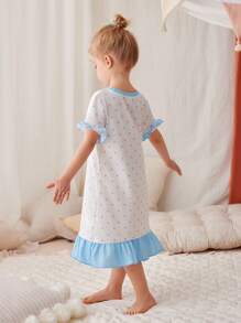 Baby Girl Blue Polka Dot Ruffle Print Princess Pattern Summer Short Sleeve Maxi Nightgown Loungewear - White - View 2
