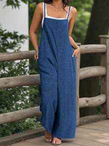 EMERY ROSE Tuta casual con colletto quadrato a effetto di tela di jeans, di taglia comoda, adatta per uso domestico e all'aperto