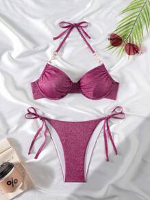 Swim SXY 女士假日纯色紧身性感细肩带露背亮片面料聚拢上衣和侧系带泳裤优雅休闲沙滩两件套泳衣