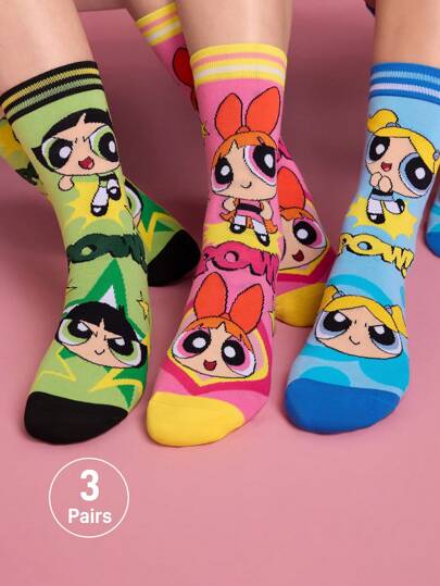 THE POWERPUFF GIRLS X SHEIN 3 par mjuka och andningsbara, fukttransporterande, avslappnade damersockor till mitten av vaden med tecknat randigt mönster. Moderna och söta färgglada runda strumpor. Förstärkt tå och häl för hållbarhet. Hela säsongen, alla matcher, Y 2 K, tillbaka till skolan.