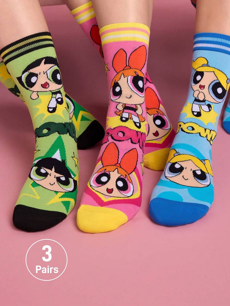 THE POWERPUFF GIRLS X SHEIN 3 Pairs Soft & Breathable Moisture-Wicking Casual Women Mid-Calf Socks With Cartoon Striped Pattern Fashionable And Cute Colorful Crew Socks Reinforced Toe & Heel For Durability All Season All-Match,Y 2 K,Back To School - Multicolor - View 1