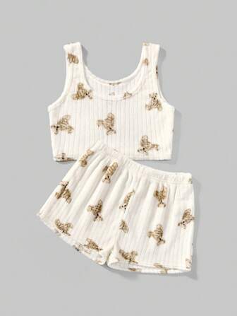 Kawaii Coral Fleece Cute Bear All Over Print Vest & Shorts Pajama Set