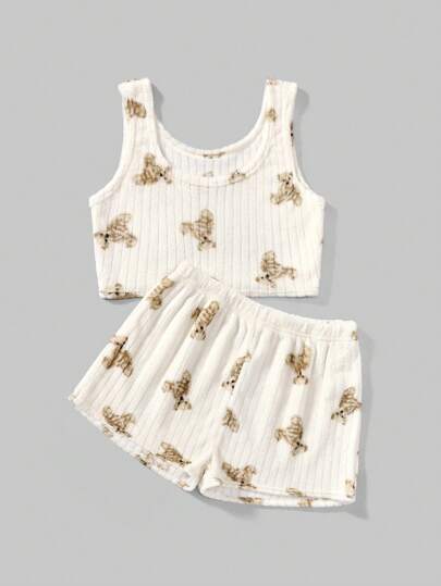 Kawaii Coral Fleece Cute Bear All Over Print Tank Top & Shorts Pajama Set, Fall/Winter Clothes, Fluffy Cozy