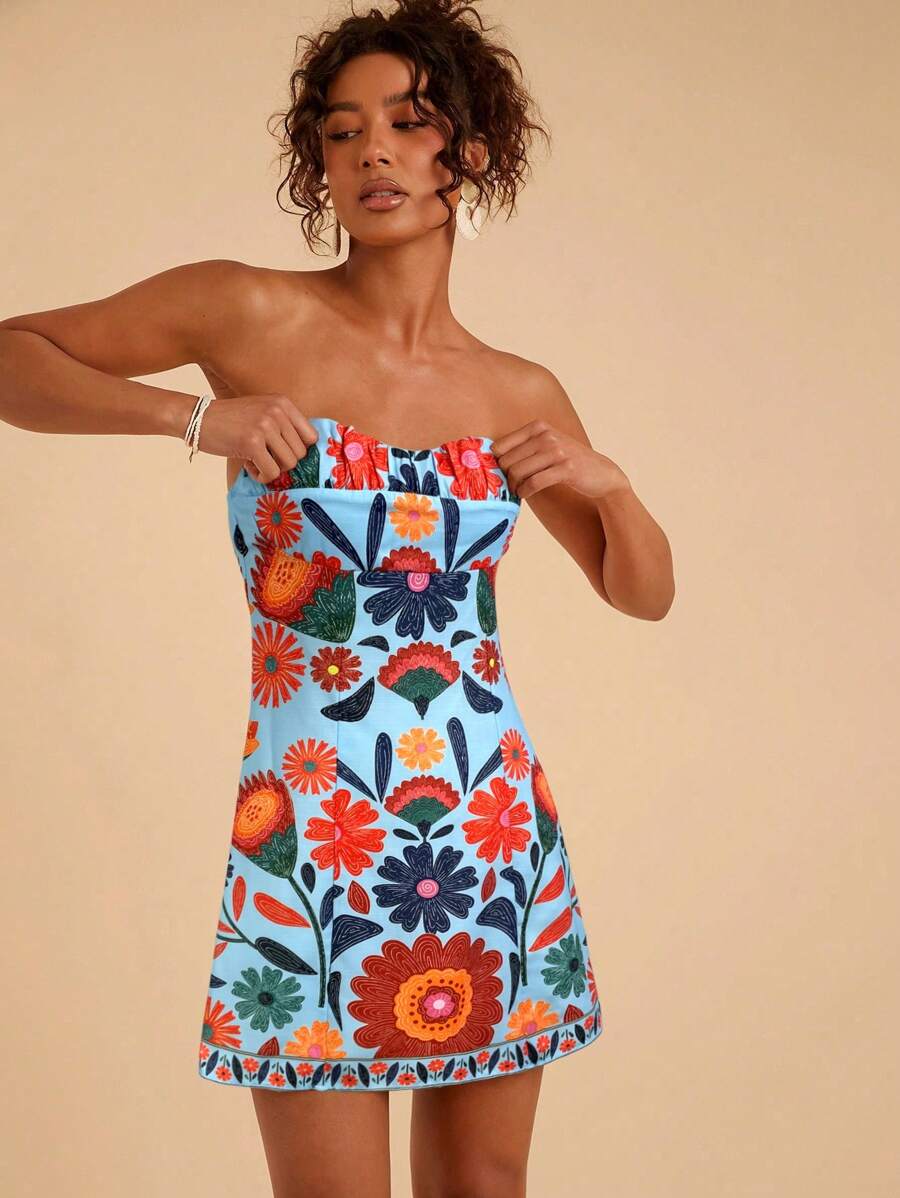 Travachic Đầm Mini Body-Con Không Dây In Hoa Văn Dệt Cho Nữ - Màu xanh nhạt - Xem 1