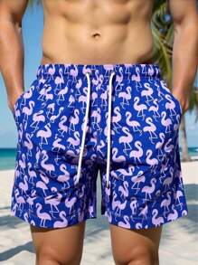 Manfinity Swimmode 男士全印花口袋抽绳腰沙滩短裤，适合夏季穿着男士火烈鸟泳裤男士泳裤火烈鸟泳裤男士蓝色泳裤男士新颖泳裤夏季连衣裙夏季，户外运动泳裤泳装男士度假男士沙滩短裤度假装热带度假男士短裤男士度假短裤，夏威夷BeachModeOn热带度假男装