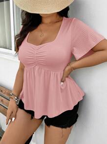SHEIN Frenchy Top/Camiseta de manga corta con volantes en el bajo, de estilo bohemio/boho, en unicolor, para mujer de talla grande - Rosa Pálido - Ver 7