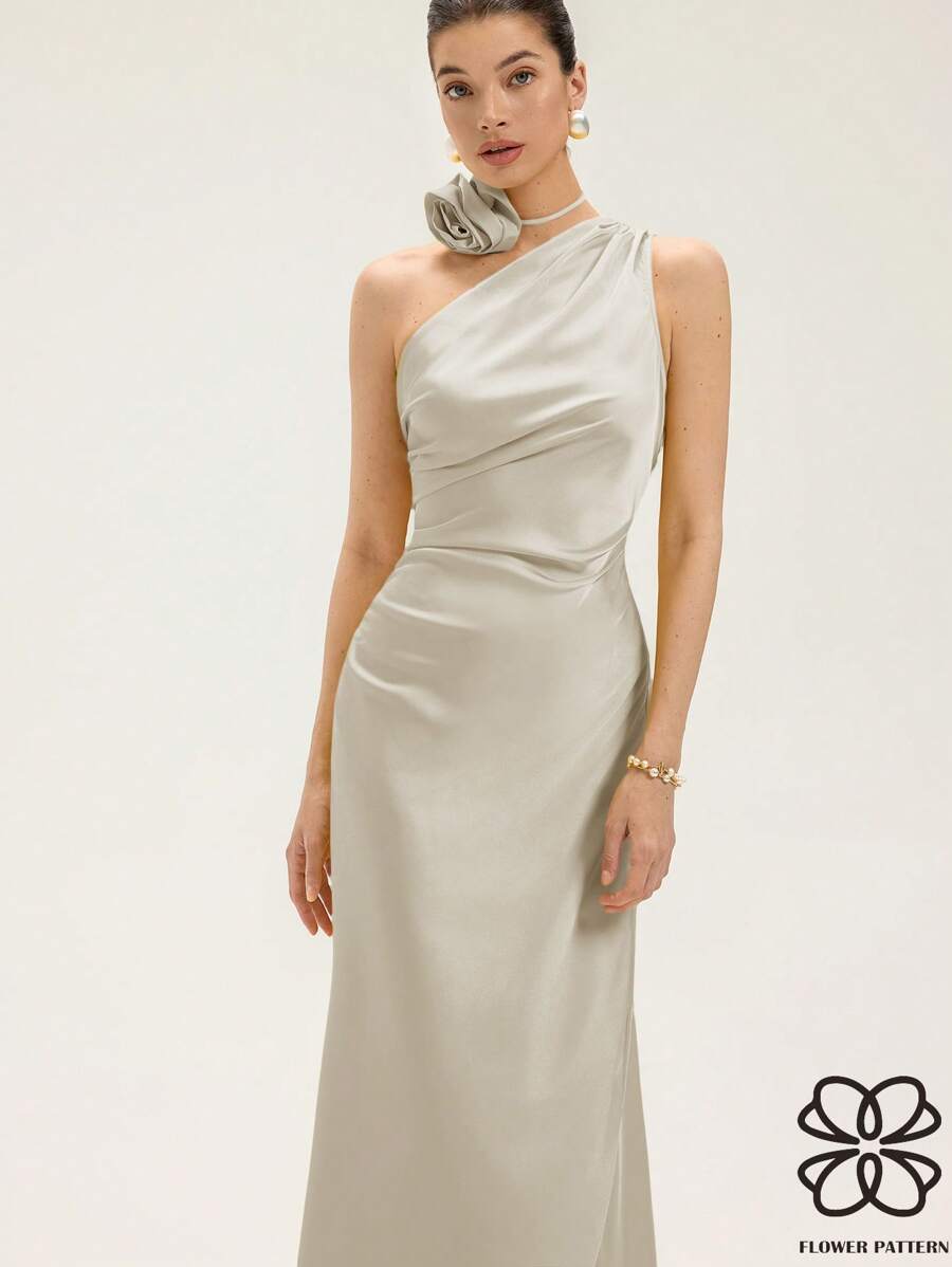 Chiquease 女士浪漫派对礼服 缎面不对称肩部褶皱收腰连衣裙 - 香檳色 - 查看 1