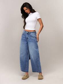 SHEIN Forever 21 Women's Solid Color Pocket Casual Loose Denim Jeans Women Jeans Baggy Wide Leg Jeans Woman Loose Jeans