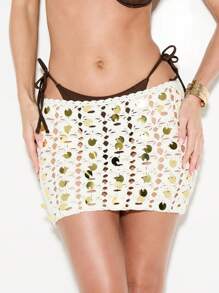 KIZN Crochet Mini Skirt Festival Summer Sarong Beach Cover Up Metallic Embellished Sequin Eyelet Lace Pool Party Resort Wear Vacation Boho