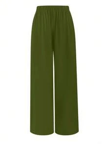 SHEIN Tall 大码女式松紧腰百搭休闲直筒阔腿裤 - 軍綠色 - 查看 2