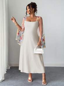 Elenzga Váy chữ A cổ vuông kiểu Pháp thanh lịch dành cho nữ, váy lưới thêu chắp vá bó sát - Màu be - Xem 1