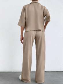 EURMUSE Women Two Pieces Shirt And Pant Set - Beige - View 2