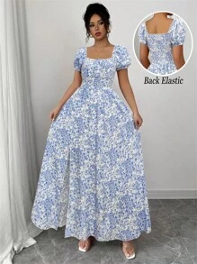 Rafferiza Women's Vacation Blue Romantic Elegant Ditsy Floral Shirred Puff Sleeve Cinched Waist A-Line Casual Holiday Valentine's Day Occasion Bow Dress, Multiple Wearing Styles, Spring/Summer New Arrival Graduation Spring Dress Beach Women Outfits Sun Slits Long Maxi Dress - Blue and White - View 4