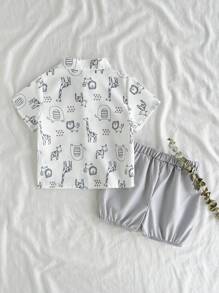 SHEIN Vintaside Kids 幼儿男童可爱动物印花乡村风格时尚基本款百搭舒适休闲两件套 T 恤套装，春夏 - 淺灰色 - 查看 2