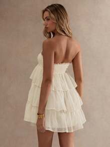 Glamine 女士夏季纯色露肩海星装饰蛋糕短裙、夏季、女士连衣裙、女士度假装、褶边连衣裙、飘逸短裙、爱与柠檬水连衣裙、层叠荷叶边连衣裙、奶油色连衣裙、女士白色连衣裙 - 杏色 - 查看 7