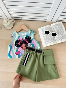 Zweiteiler bestehend aus Mädchen Strick-Trägertop mit niedlichem Muster und einfarbiger Webshorts