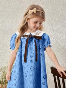 Blossori Young Girls' French Elegant Apricot Collar Embroidered Puff Sleeve Dress, Spring/Summer - Blue - View 4