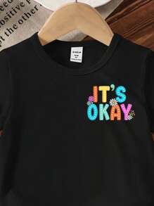 年轻女孩“没关系”彩虹、蝴蝶、星星、雏菊、樱桃印花圆领短袖可爱黑色 T 恤