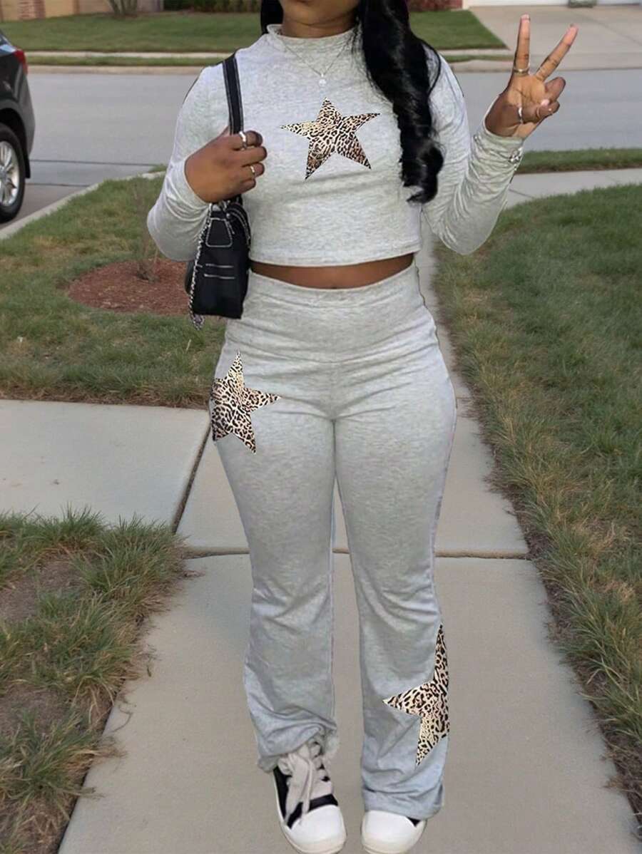 INAWLY 2 chiếc/Bộ Áo thun dài tay họa tiết hoa văn Pentagram & Leopard dành cho nữ và quần dài thường ngày - Xám - Xem 1