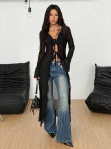 Coolane Women Fall/All-Season Streetwear  Boho Fairycore Daily Wear Rave Renaissance Fair Hippie Music Festival Mesh Straps Ruffle Ribbon Long Coat - Black - View 1