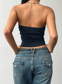 SHEIN BASICS 女士休闲纯色针织短款抹胸 - 藏蓝色 - 查看 2