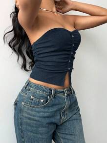 SHEIN BASICS 女士休闲纯色针织短款抹胸 - 藏蓝色 - 查看 3