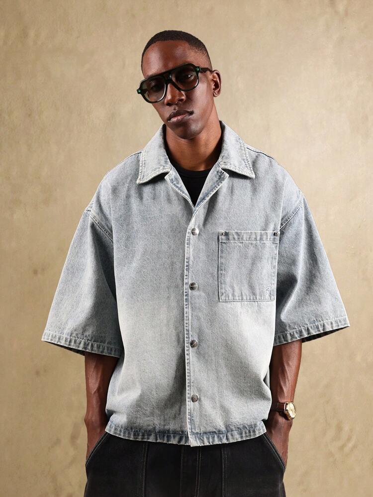 Oversized Short Sleeve Button Down Denim Shirt