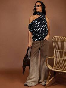 COSMINA 女士优雅露背圆点印花无袖四季上衣圆点上衣单肩衬衫四季，女士外出上衣，波西米亚风女装，可爱 - 彩色 - 查看 3