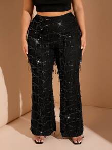 SHEIN BAE Plus Size Women Elegant Party Halloween Solid Black Sequin Tassel Flare Leg Pants Graduation,Back To School,Teacher Outfits For Women