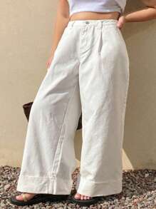 Dazy Plus Loose Straight-Leg Ankle Cuff White Long Jeans, Four Seasons - White - View 1