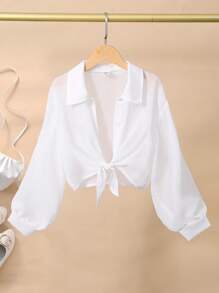 SHEIN Girls Big Tween Girl' Plain Lightweight Summer Button Up Shirt Fall Winter - White - View 1