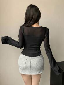 Dazy Designer Damen Mesh Kontrast Design Carree Ausschnitt Langarm T-Shirt für Ausgehen Oberteile Sommer