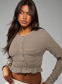 MISSGUIDED Striped Long Sleeve Button Front Peplum Top Ruched Fitted Crop Length Fall Winter Fashion