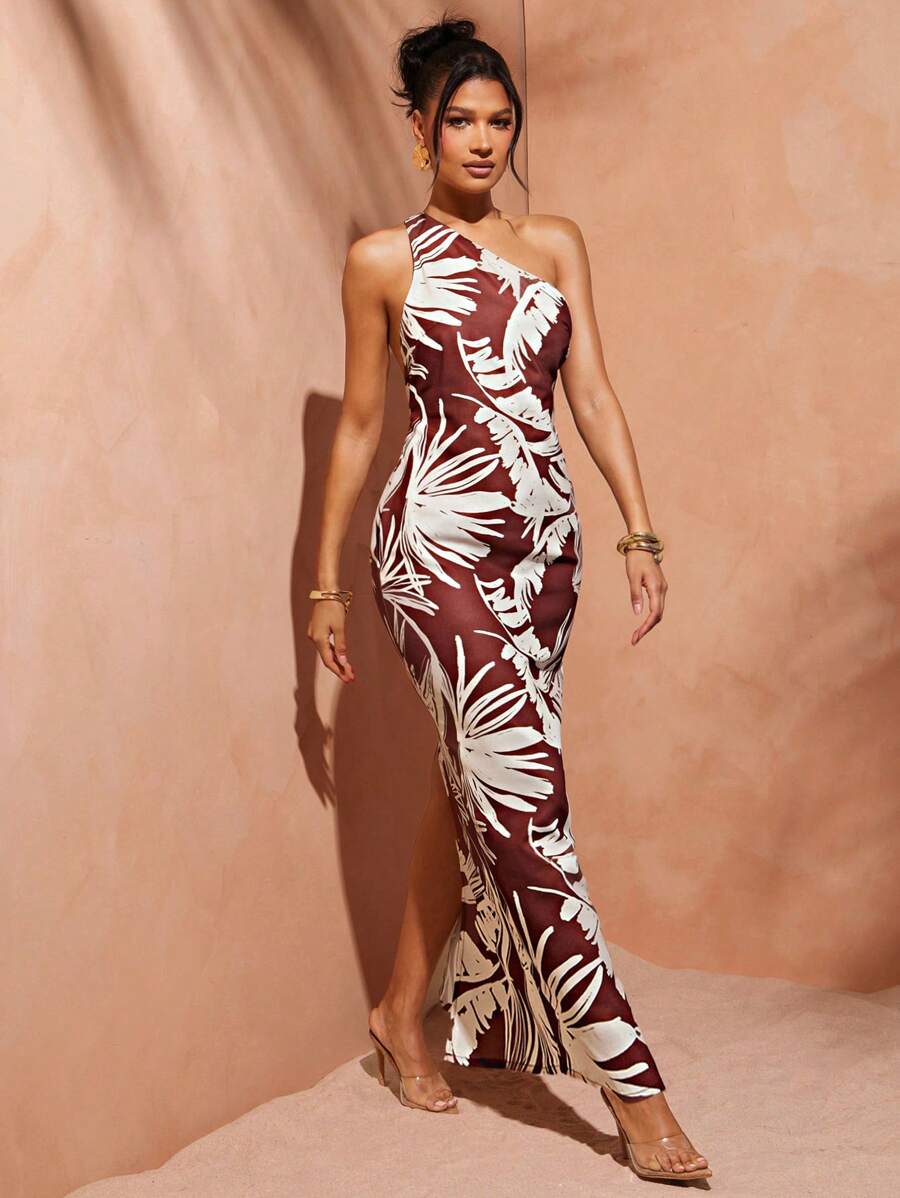 Hauture 女士性感夏日度假外出印花亚麻棕色棕榈叶长裙