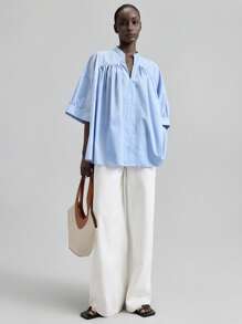 Ontre Blusa de hombro caído de unicolor simple con cuello en V para mujer, Top básica, uso casual de oficina de negocios