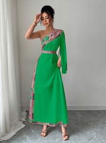 Elenzga 不对称领口印花优雅夏装 - 綠色 - 查看 3