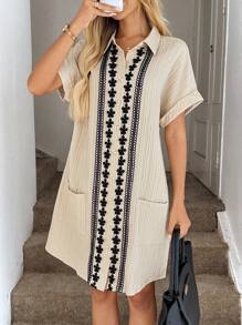 Easowa 波西米亚风夏季海滩度假刺绣贴布宽松衬衫连衣裙 - 卡其色 - 查看 3