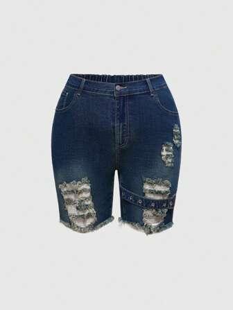 Grunge Punk Plus Size Distressed Design Gradient Denim Blue Casual Punk Style Denim Shorts