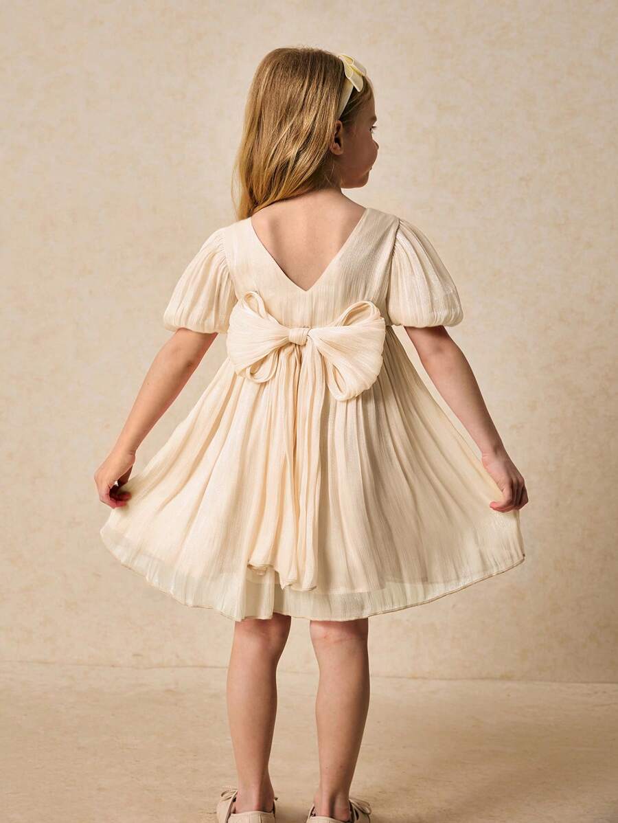 SHEIN Đầm dự tiệc trang trí nơ hồng thanh lịch cho bé gái, Xuân/Hè - Màu be - Xem 1