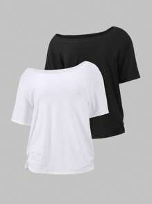 Flirla 2pcs/Set Oblique Shoulder Loose T-Shirt,Asymmetric Shoulder Off-Shoulder T-Shirt, Plus Size Women's Top - Multicolor - View 1
